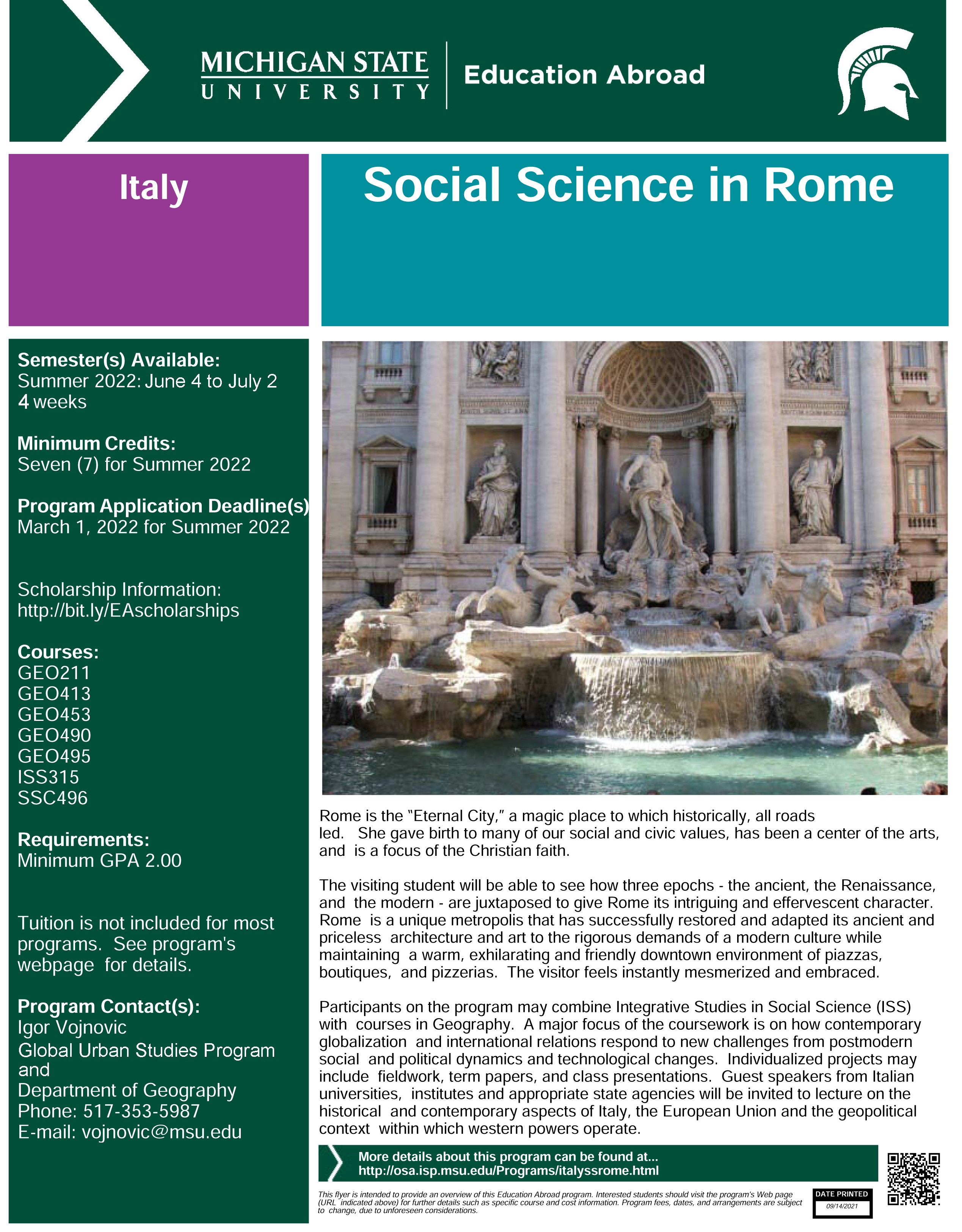 MSU EBA Social Science in Rome Flyer